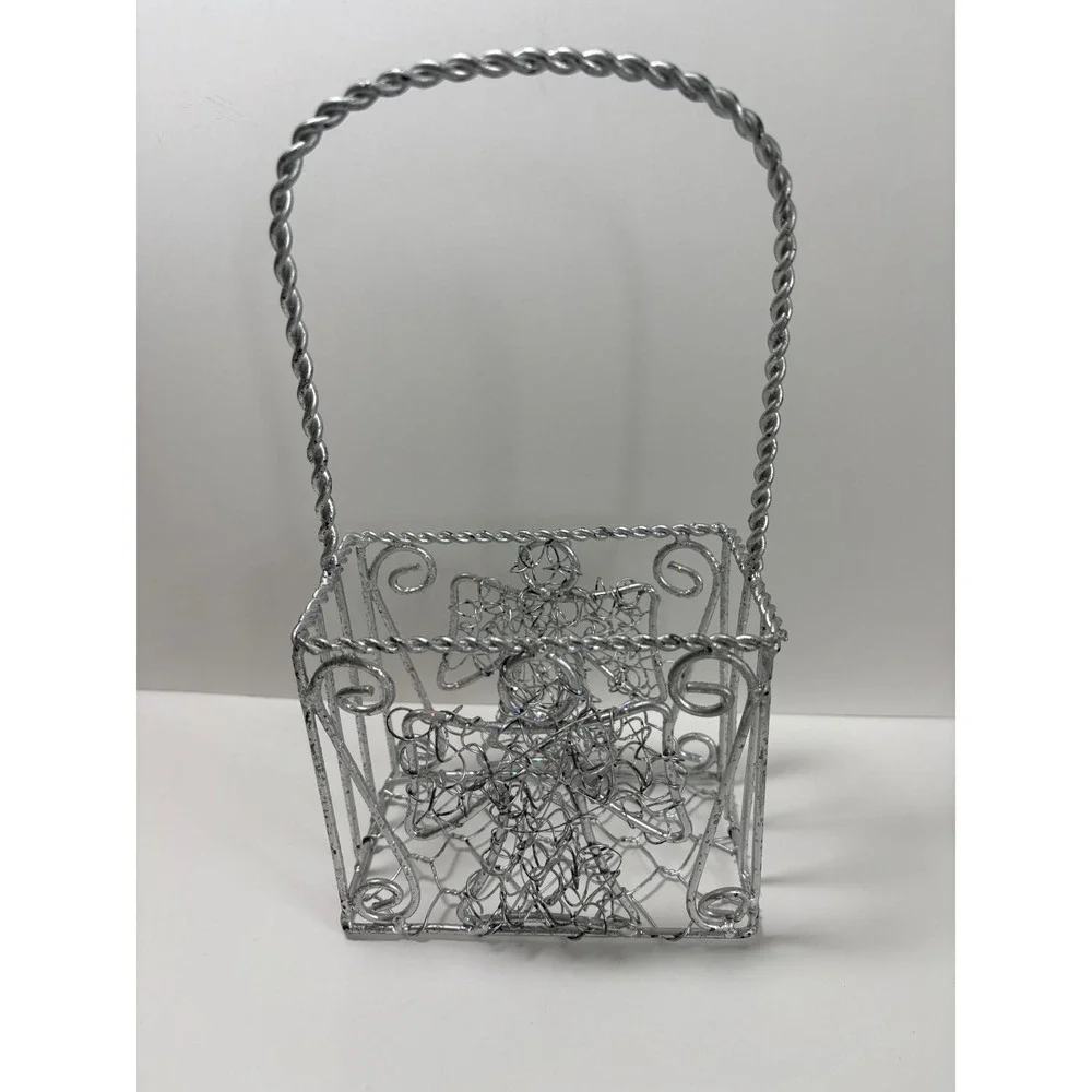 Silver Wire Angel Basket Twisted Metal Handle Christmas Decor Holiday